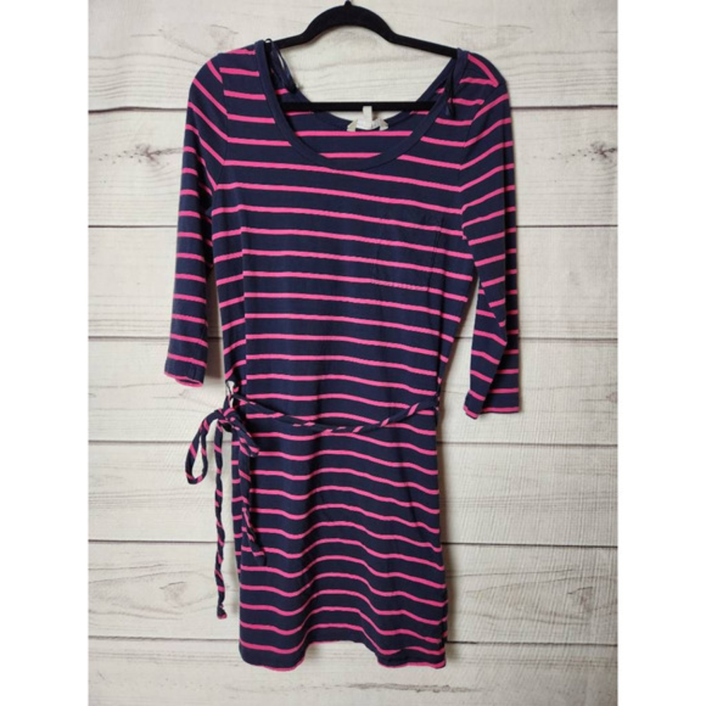 Banana Republic Womens A Line Dress Navy‎ Pink Stripe Belted Mini 3/4 Sleeve L